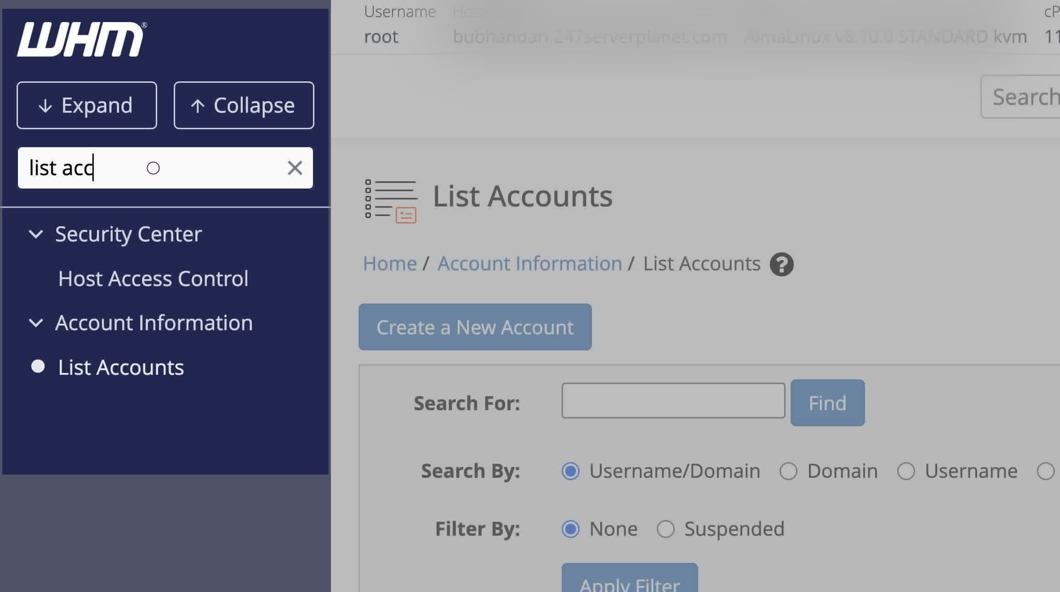 Login to WHM > Type on left top